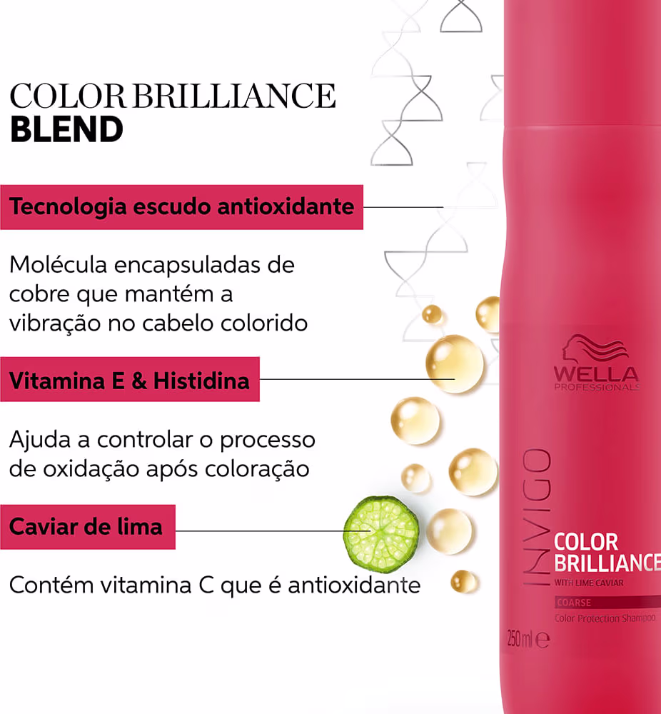 Tecnologia escudo antioxidante. Molécula encapsuladas de cobre que mantém a vibração no cabelo colorido. Vitamina E & Histidina ajuda a controlar o processo de oxidação após coloração. Caviar de lima contém vitamina C antioxidante.