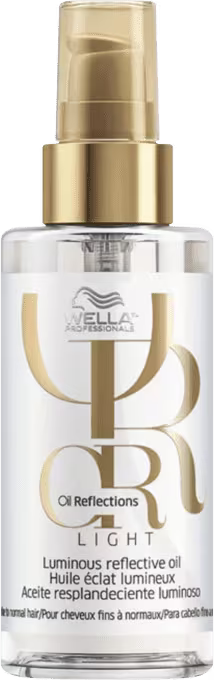 Wella Professionals Oil Reflections Light. Frasco transparente de plástico. Rótulo branco com texto dourado e descrição "Luminous reflective oil". Tampa dourada de plástico com aplicador em spray.