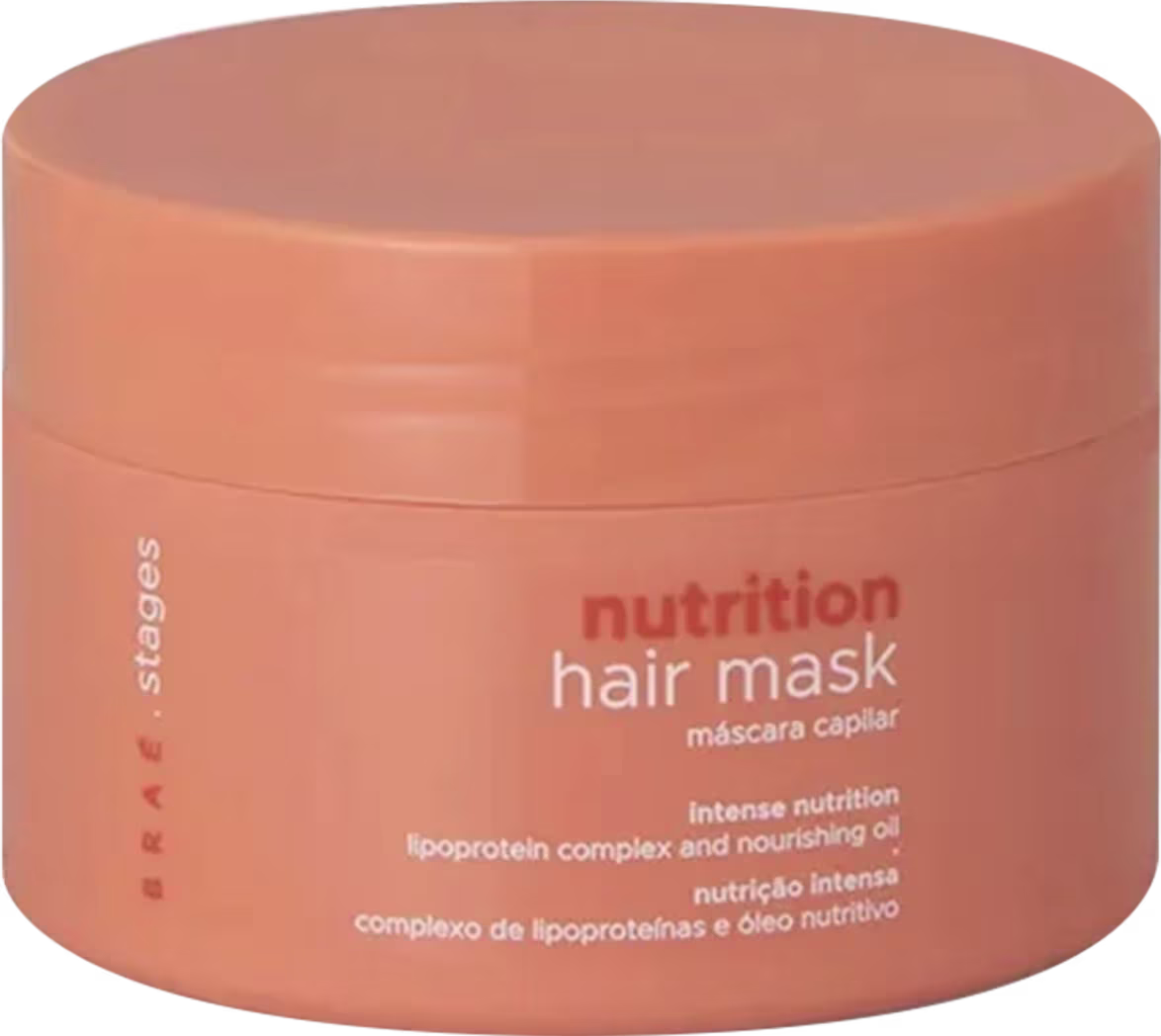 Máscara capilar Stages Nutrition da marca Braé, em embalagem redonda de cor laranja, com rótulo destacando os benefícios de nutrição intensa e complexo de lipoproteínas.