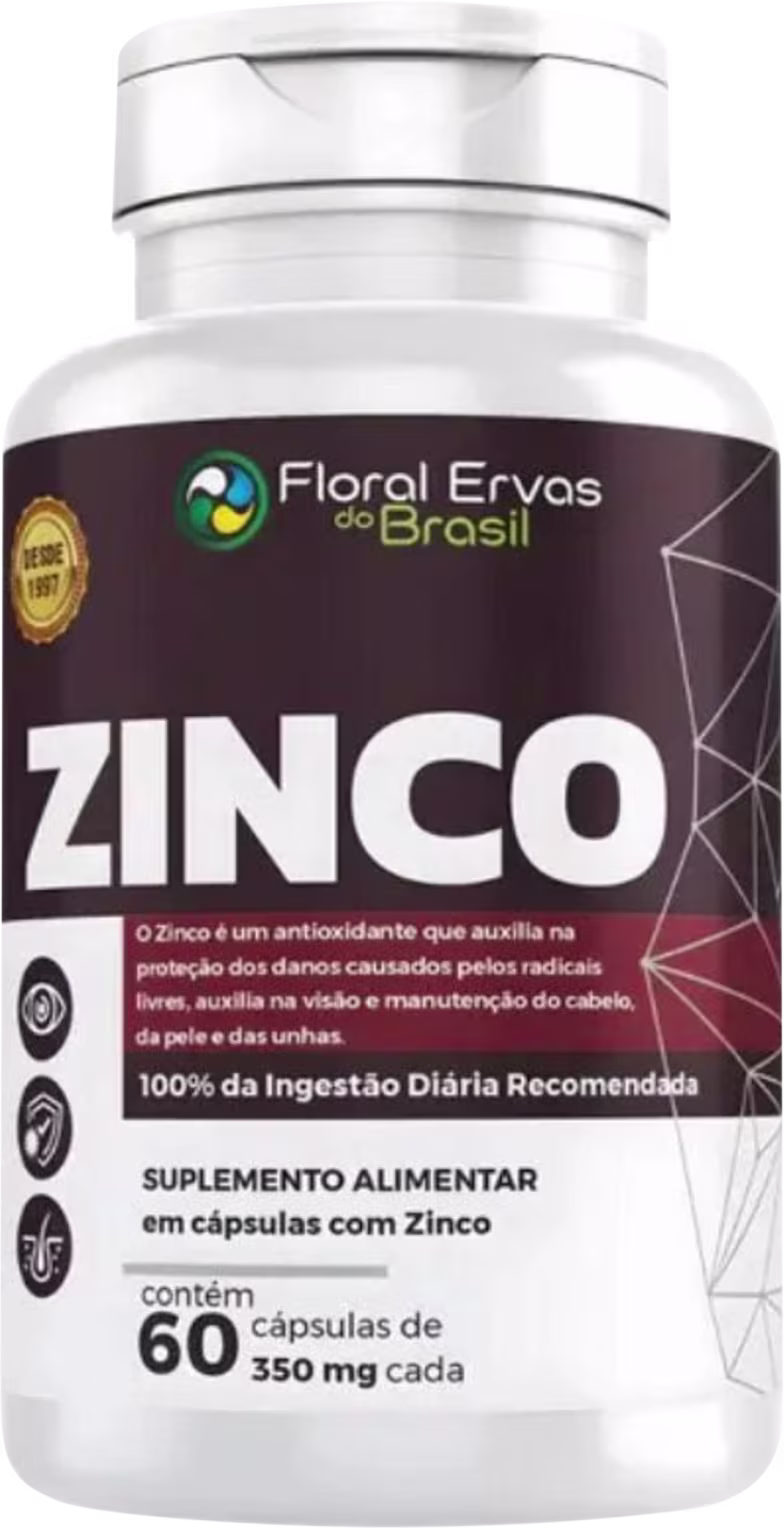Suplemento alimentar em cápsulas. Contém 60 cápsulas de 550mg cada. O rótulo destaca que o zinco é um antioxidante que auxilia na proteção contra danos causados por radicais livres, mantém a visão saudável e a saúde dos cabelos