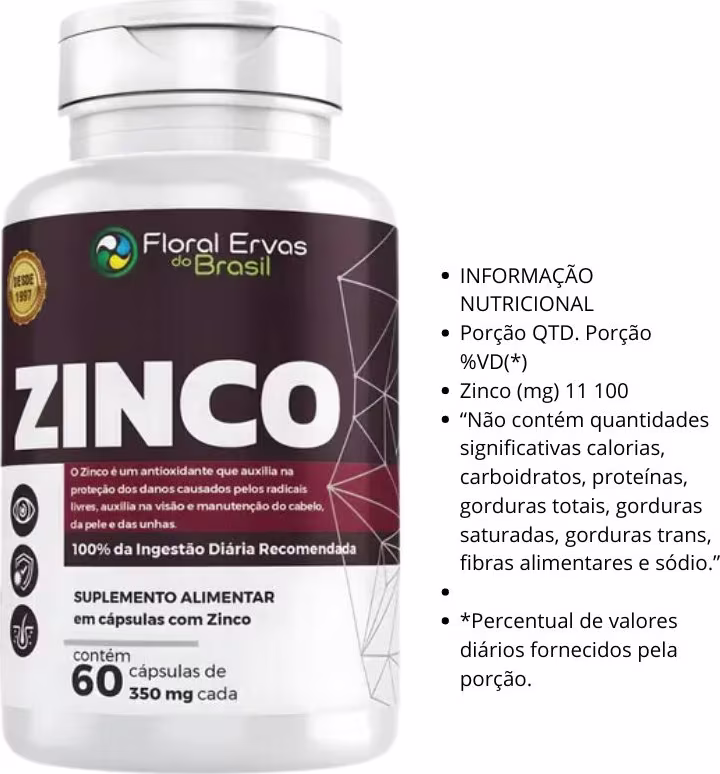 Este é um suplemento alimentar de zinco em cápsulas. O rótulo destaca o nome "ZINCO" em letras grandes e pretas, juntamente com informações sobre os benefícios do zinco como antioxidante. O frasco contém 60 cápsulas de 350mg cada.