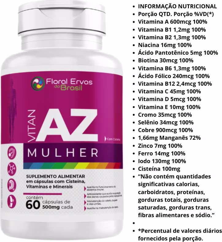 Este é um suplemento alimentar. O frasco contém 60 cápsulas de 500mg cada. O rótulo lista uma extensa composição nutricional, incluindo vitaminas A, B1, B2, B6 entre outros.