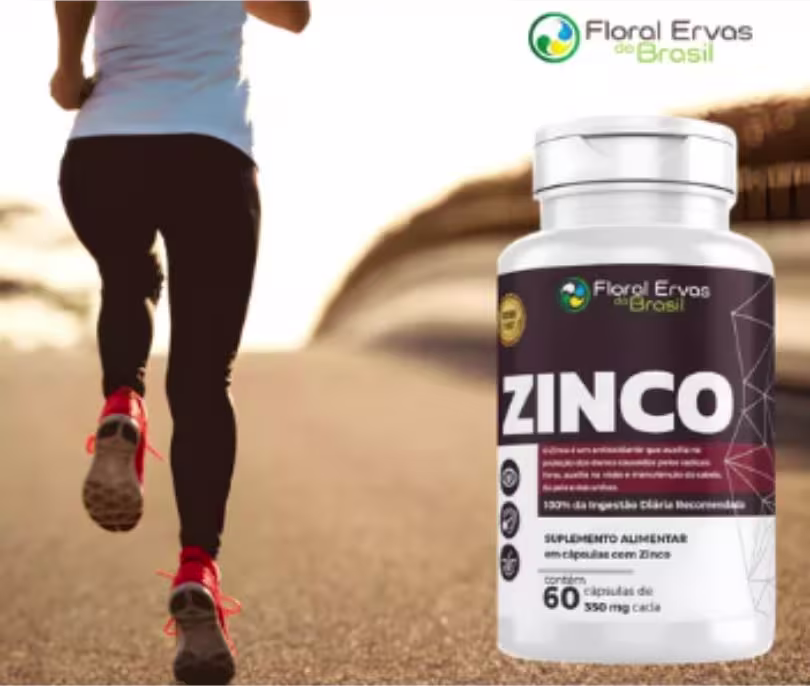 O rótulo exibe o nome "ZINCO" em letras grandes, além de informações como "120% da ingestão diária recomendada" e "60 cápsulas de 350mg cada". Ao lado, há uma imagem de uma pessoa caminhando ou correndo em um cenário desértico.