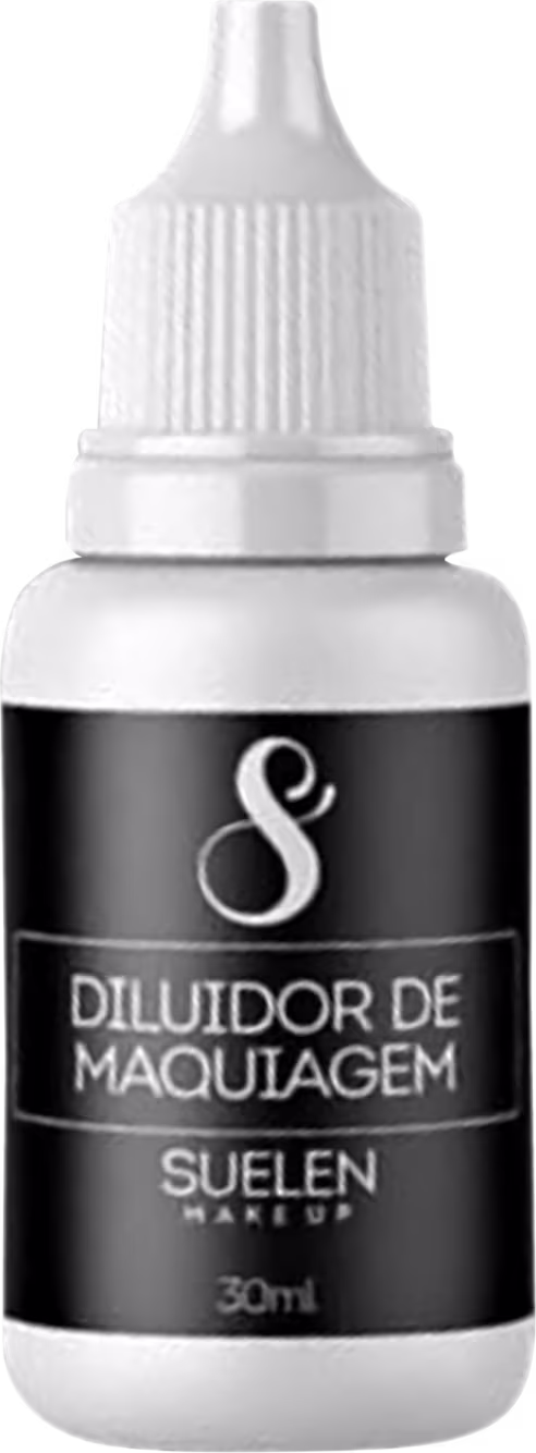 Frasco branco com rótulo preto contendo "Diluidor de Maquiagem" da marca Suelen Makeup. O produto possui 30ml de volume e apresenta um bico dosador para aplicação.