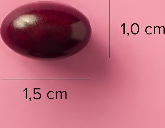 A imagem mostra a cápsula e indicações de medida: 1,0cm x 1,5cm.
