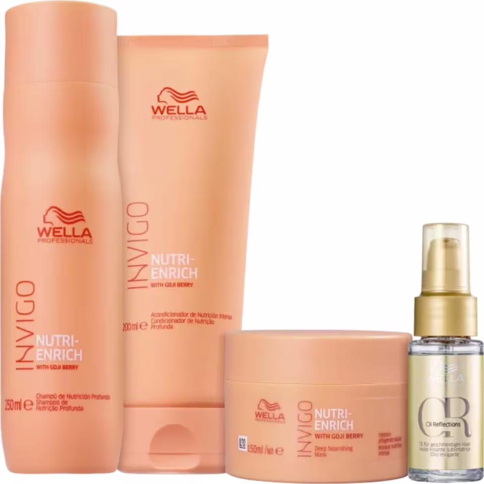 Os produtos são da linha Nutri-Enrich com Goji Berry. Inclui um shampoo em um frasco de pêssego, um condicionador em um pote de máscara capilar da mesma cor, e um óleo de brilho em um pequeno frasco dourado.