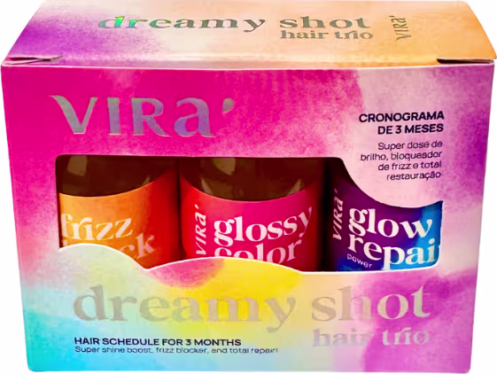 Caixa de produtos Virá Cosméticos contendo três frascos de tratamento capilar: Frizz Lock, Glossy Color e Glow Repair, com cronograma de 3 meses para super dose de brilho, bloqueio de frizz e restauração total.