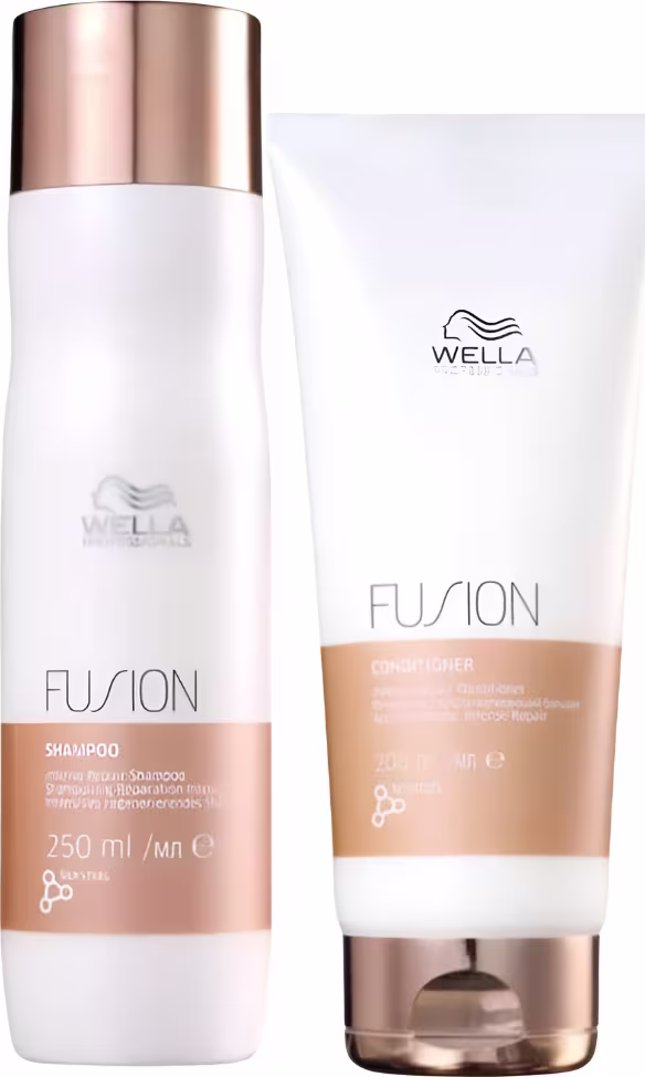 Kit com shampoo e condicionador Fusion, da marca Wella Professionals.