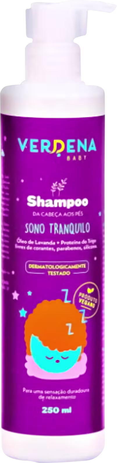 Shampoo infantil em embalagem plástica com dispensador tipo bomba. A embalagem é predominantemente roxa com detalhes em laranja e azul. Apresenta o logotipo "Verdena Baby" e o texto "Shampoo Suavizante Sono Tranquilo" na parte frontal.