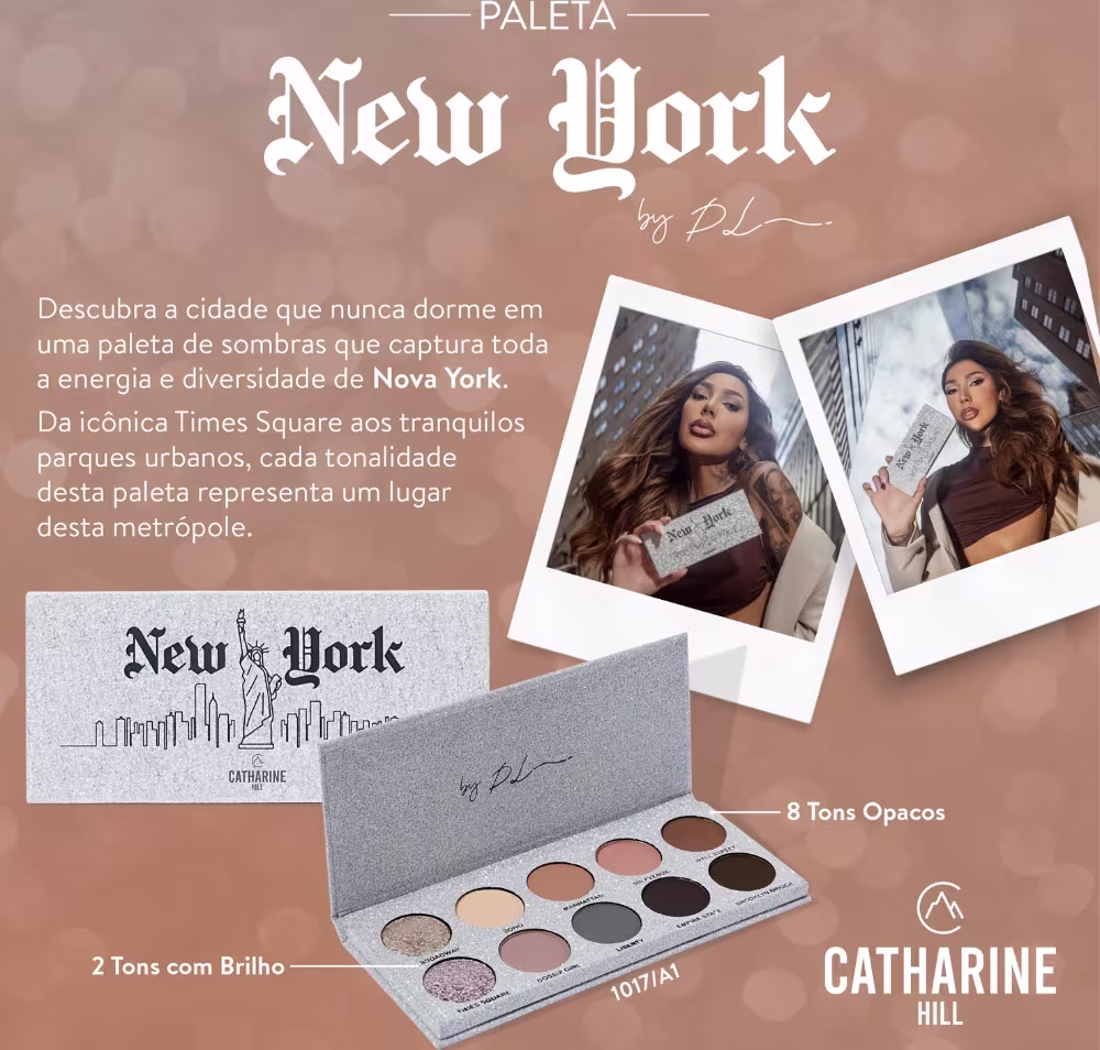 A imagem mostra a paleta de sombras, duas fotos com uma mulher segurando o produto. Ao fundo um descrição breve sobre o produto em letras brancas.