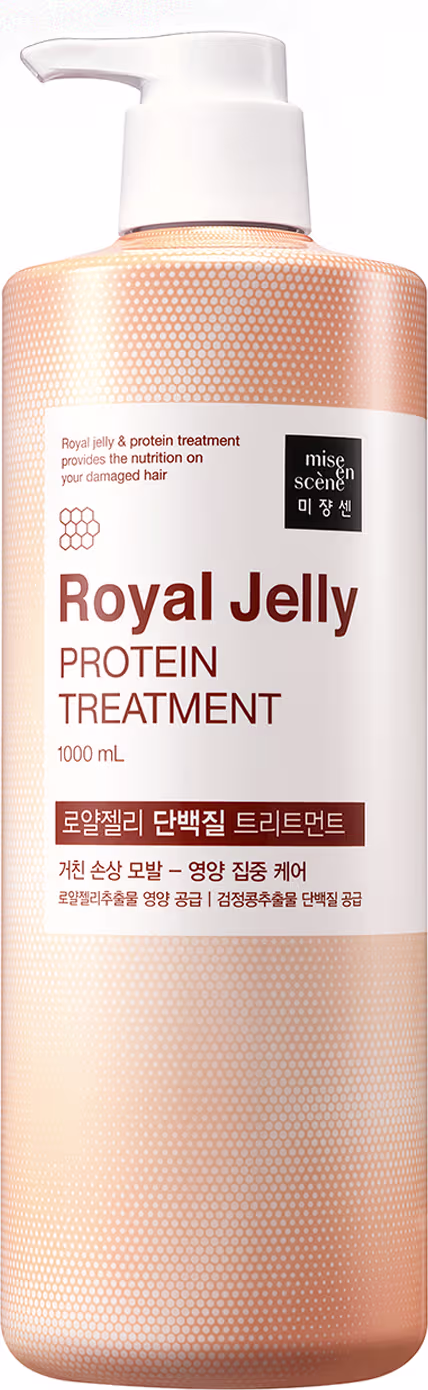 Máscara Capilar. A embalagem é um frasco plástico com uma bomba doseadora branca na parte superior.  O rótulo exibe o nome "Royal Jelly Protein Treatment" em inglês e coreano, além de informações sobre o volume do produto, que é de 1 litro.