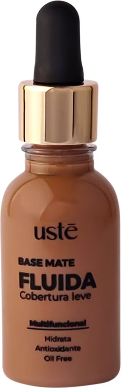 Base mate fluida de cobertura leve da marca Ustē Cosméticos. Frasco de plástico transparente com tampa em conta gotas. Líquido marrom no interior. Rótulo "Base Mate FLUIDA Cobertura leve" e "Multifuncional, Hidrata, Antioxidante, Oil Free".