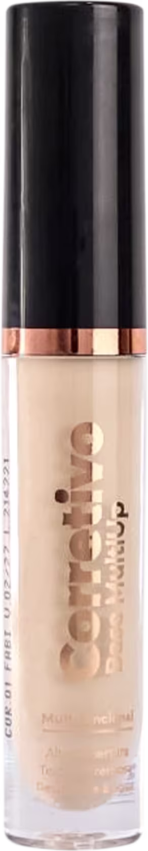 Corretivo líquido em embalagem cilíndrica transparente com tampa preta e detalhes em cobre rosado. A embalagem tem letras douradas sobre fundo bege claro. O produto tem aparência de um líquido bege translúcido dentro do frasco.