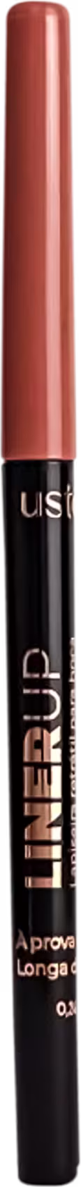 Lápis delineador de lábios da marca Ustē Cosméticos. Embalagem cilíndrica e alongada na cor rosa. Parte inferior preta com o nome da marca "Liner Up" e a descrição "A Prova D'Água Longa Duração" impressos em letras douradas.