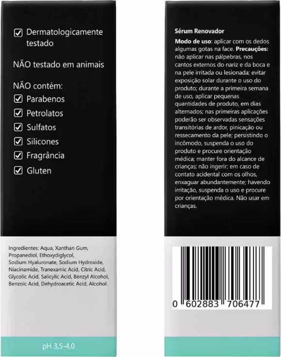 Produto dermatologicamente testado e livre de crueldade animal. Fórmula livre de parabenos, petrolatos, sulfatos, silicones, fragrâncias e glúten.