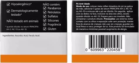 O produto da marca Principia Skin Care. Na frente, há um rótulo com informações sobre o produto, incluindo seus principais benefícios, modo de uso, precauções e uma lista de ingredientes.