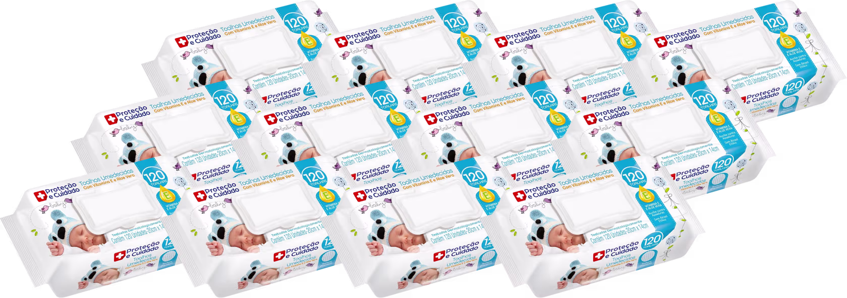 Há doze pacotes de toalhas umedecidas para bebês. Há imagens de dois bebês enrolados em toalhas azuis com estampa de animais. O texto principal destaca "Proteção e Cuidado" e "Toalhas Umedecidas com Vitamina E e Aloe Vera".