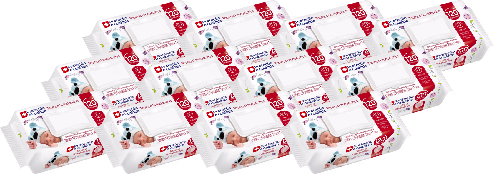 O produto apresentado é uma linha de lenços umedecidos para bebês. As embalagens têm uma cor branca predominante, com detalhes em vermelho e verde.
