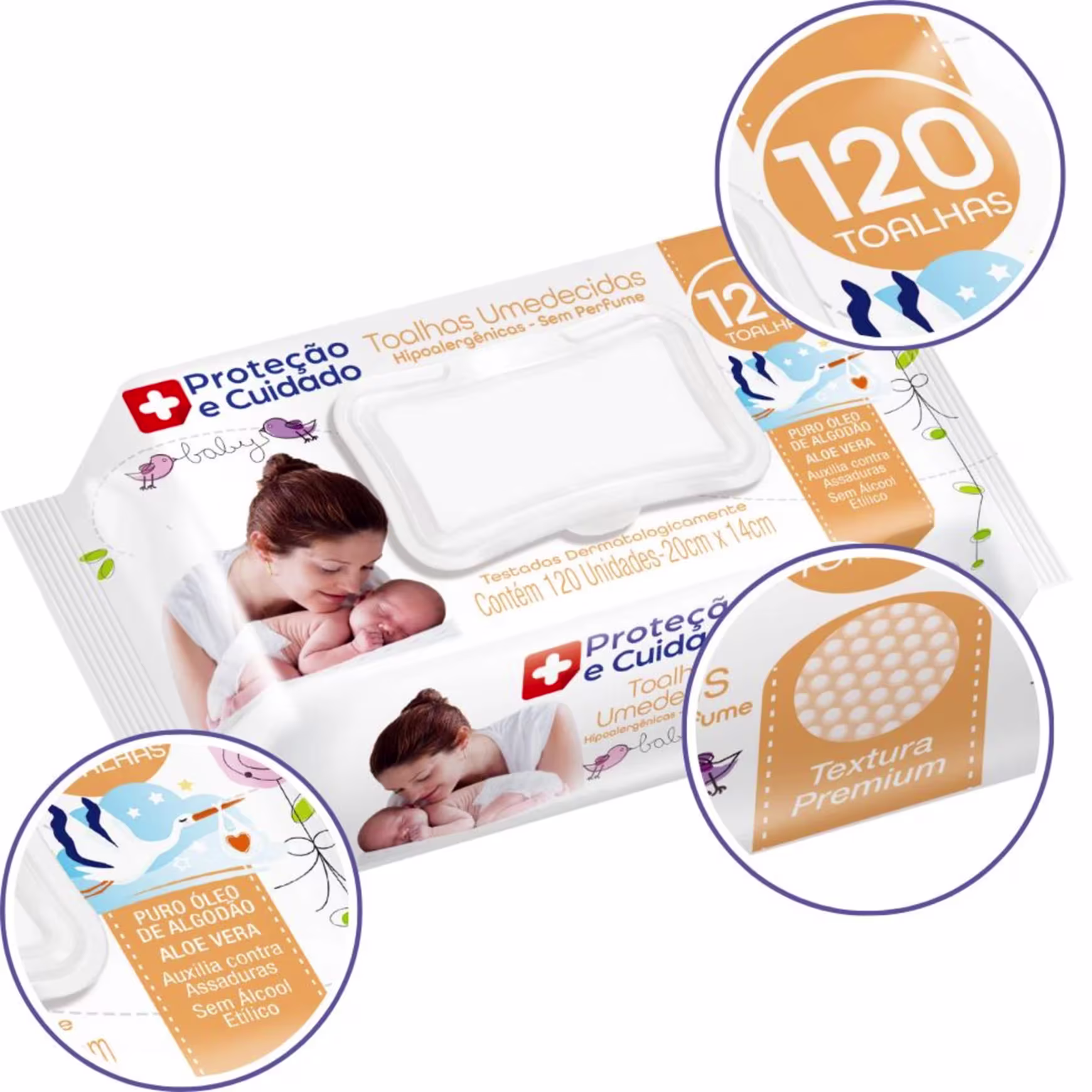 Este é um pacote de toalhas umedecidas hipoalergênicas para cuidados com bebês. O pacote é retangular e contém 120 toalhas. A embalagem é branca com detalhes em laranja, azul e verde. Apresenta imagens de uma mãe segurando um bebê recém-nascido.