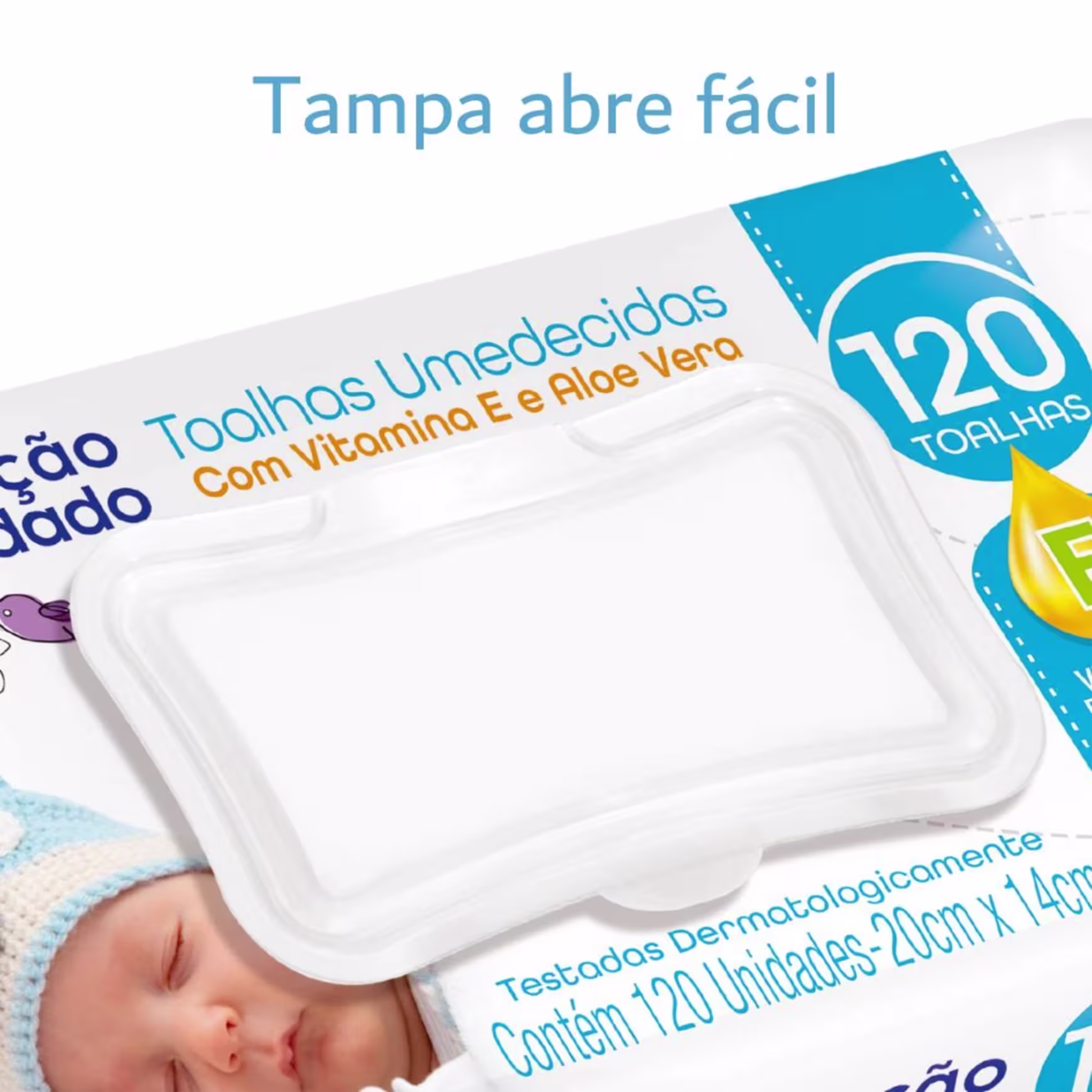 Tampa plástica retangular branca com bordas onduladas, contendo 120 toalhas umedecidas com vitamina E e aloe vera.  Imagem de um bebê adormecido no canto inferior. Produto de cuidados para pele e higiene infantil.