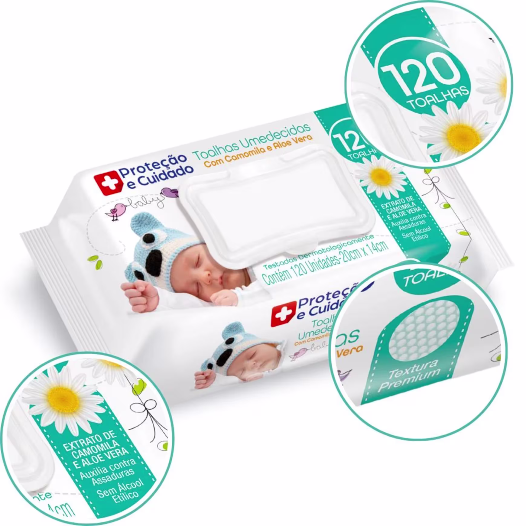 Este é um pacote de toalhas umedecidas para bebês.  Há imagens de dois bebês recém-nascidos usando gorros de pelúcia azul em formato de animais. O pacote indica que contém 120 toalhas umedecidas com extrato de camomila, aloé vera e sem álcool etílico