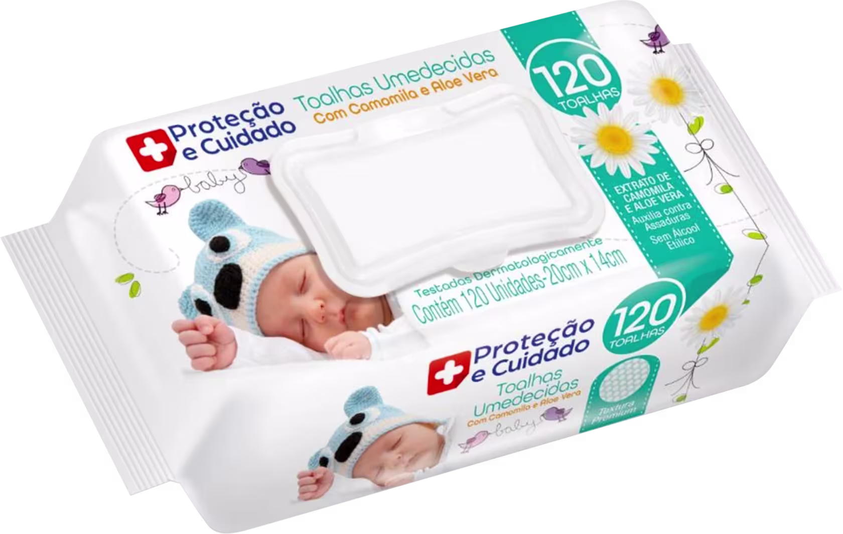 Este é um pacote de toalhas umedecidas para bebês. Há ilustrações de um coala, pássaros e flores. O rótulo indica que o produto contém 120 toalhas umedecidas com camomila e aloe vera, sendo indicado para proteção e cuidado com a pele delicada dos bebês.