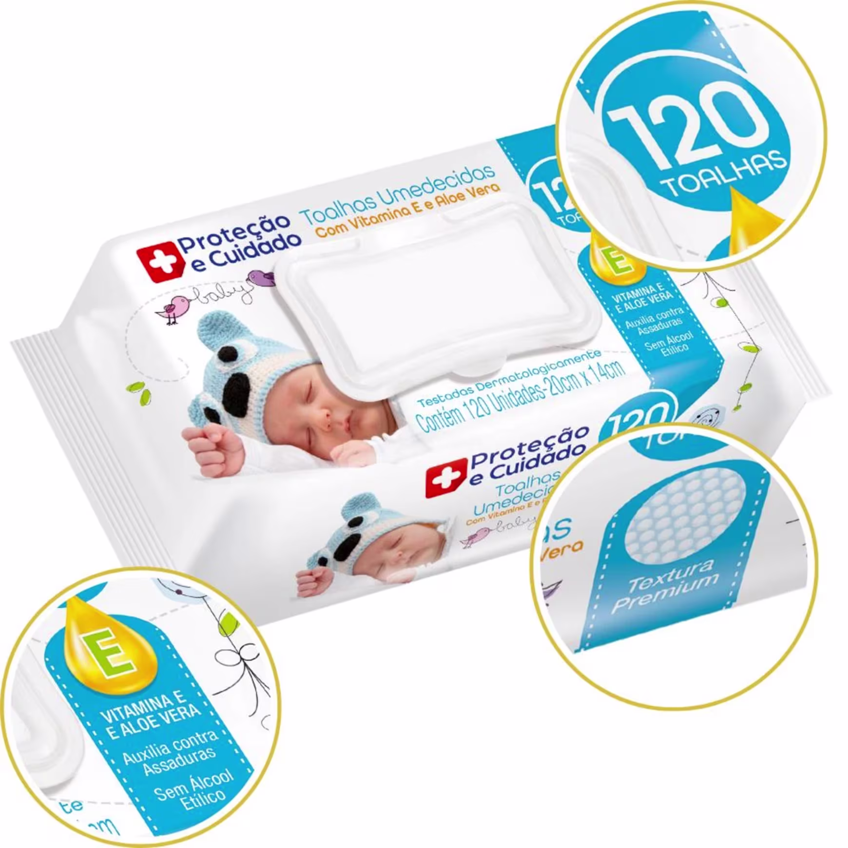 Este é um pacote de toalhas umedecidas para bebês. Há imagens de dois bebês enrolados em toalhas azuis com estampa de animais. O texto principal destaca "Proteção e Cuidado" e "Toalhas Umedecidas com Vitamina E e Aloe Vera".