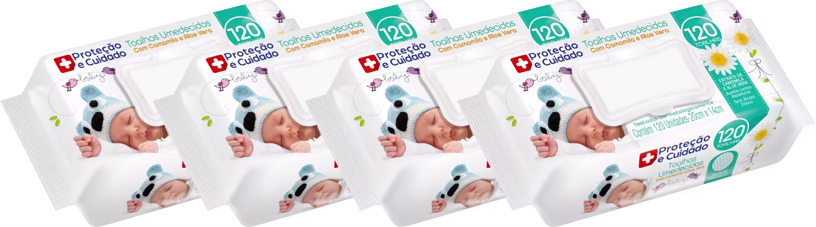 São 4 pacotes de lenços umedecidos para bebês. O rótulo indica que são lenços umedecidos com 120 unidades cada. As embalagens têm cores predominantemente brancas, com detalhes em verde.