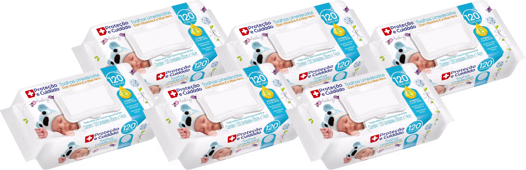 Há seis pacotes de toalhas umedecidas para bebês. Há imagens de dois bebês enrolados em toalhas azuis com estampa de animais. O texto principal destaca "Proteção e Cuidado" e "Toalhas Umedecidas com Vitamina E e Aloe Vera".
