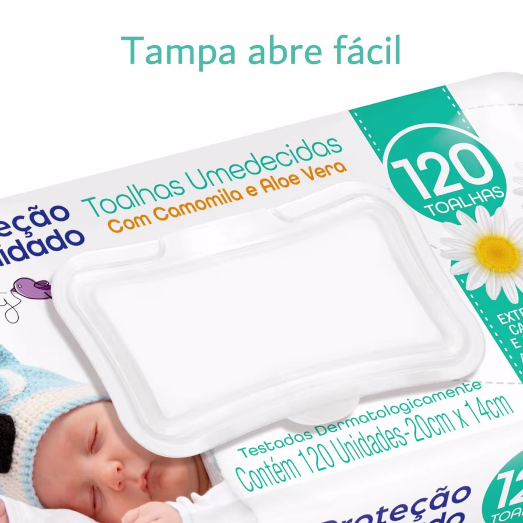 Tampa abre fácil - Toalhas Umedecidas com Camomila e Aloe Vera. Embalagem retangular branca com detalhes em azul turquesa. Contém 120 toalhas dermatologicamente testadas, medindo 20cm x 14cm. Imagem de um bebê adormecido no canto inferior direito.