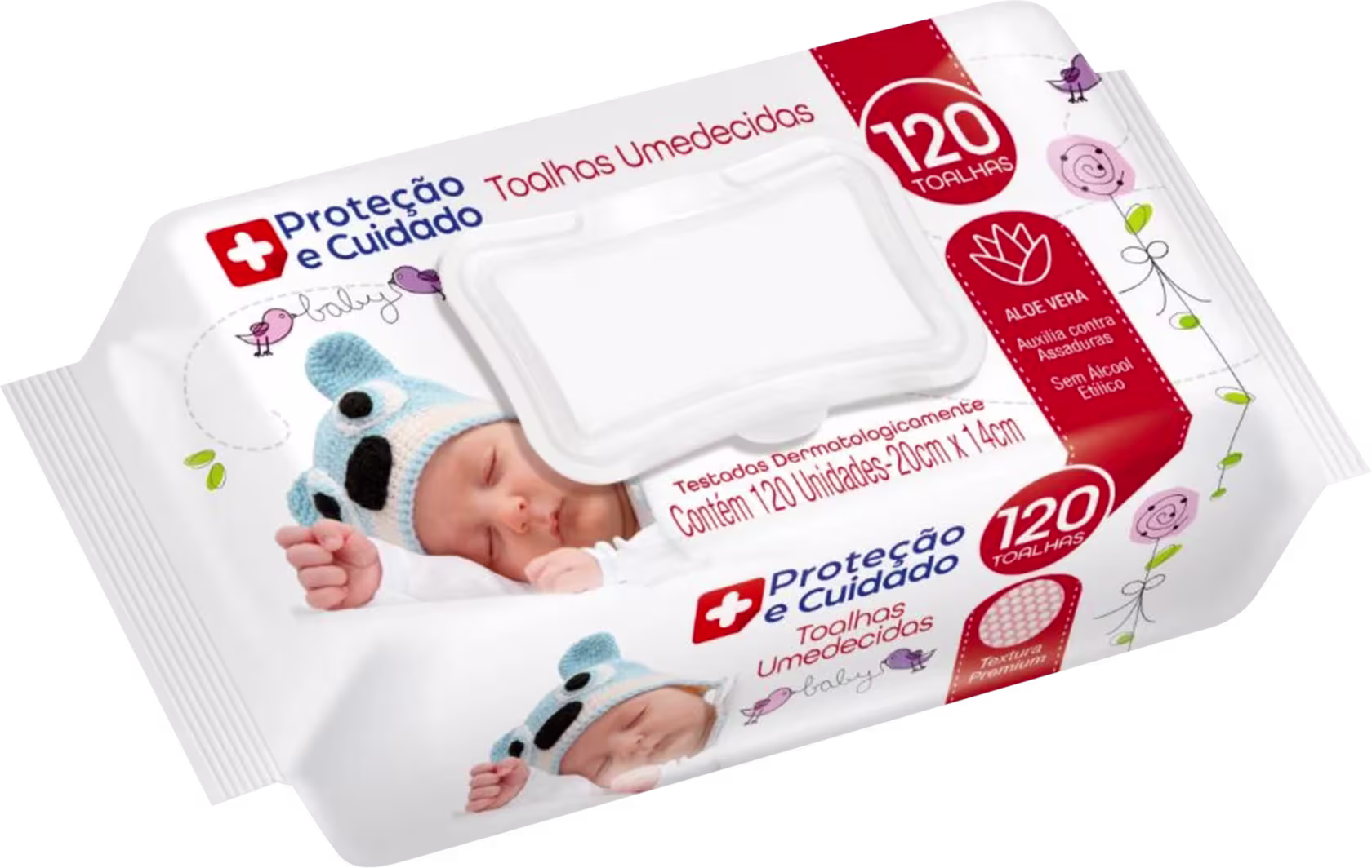 Este é um pacote de toalhas umedecidas para bebês, com embalagem plástica branca. O rótulo vermelho e branco destaca o nome do produto "Proteção e Cuidado" e indica que contém 120 toalhas umedecidas. A embalagem apresenta ilustrações de um bebê.