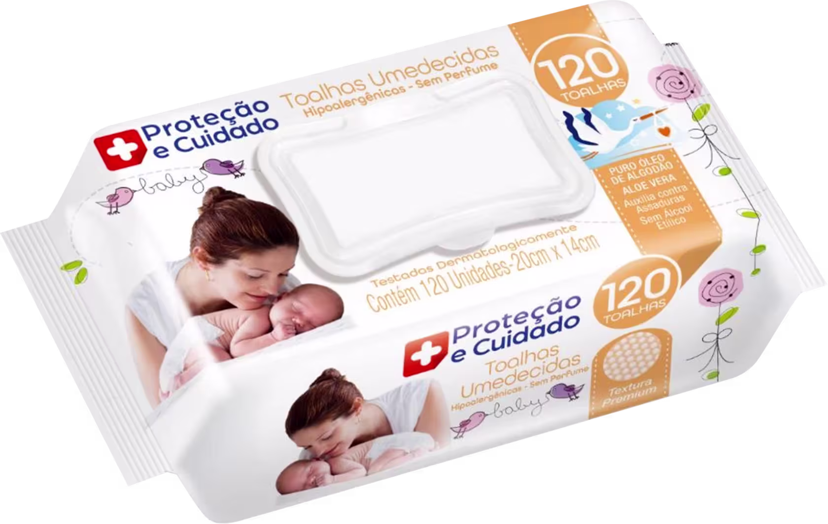 Pacote de toalhas umedecidas para bebês. No centro, há uma imagem de uma mãe segurando um bebê recém-nascido. O texto indica que são "Toalhas Umedecidas Proteção e Cuidado", com 120 unidades, hipoalergênicas.