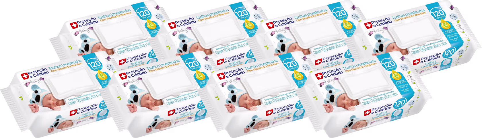 Há oito pacotes de toalhas umedecidas para bebês. Há imagens de dois bebês enrolados em toalhas azuis com estampa de animais. O texto principal destaca "Proteção e Cuidado" e "Toalhas Umedecidas com Vitamina E e Aloe Vera".