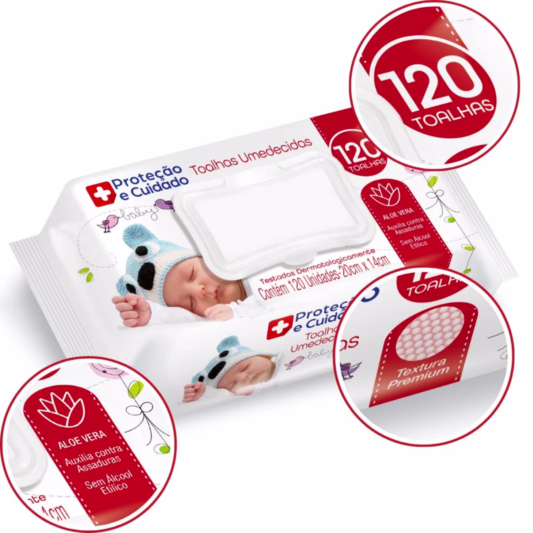 Pacote de toalhas umedecidas para bebês. A embalagem é branca com detalhes em vermelho. Contém a imagem de um bebê segurando um brinquedo de pelúcia em forma de panda. O produto é chamado "Proteção e Cuidado Toalhas Umedecidas" e tem 120 unidades.
