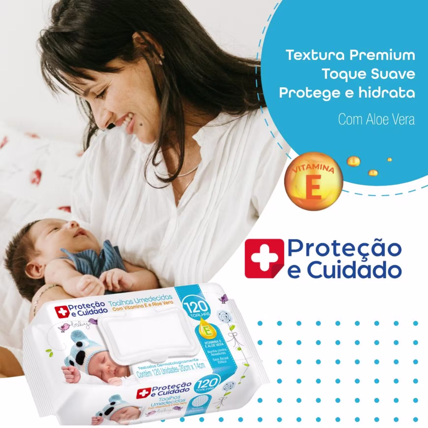 A embalagem principal é uma caixa retangular branca com detalhes em azul e vermelho. Há imagens de bebês e o texto "Toalhas Umedecidas com Aloe Vera" e "Textura Premium Toque Suave Protege e hidrata".