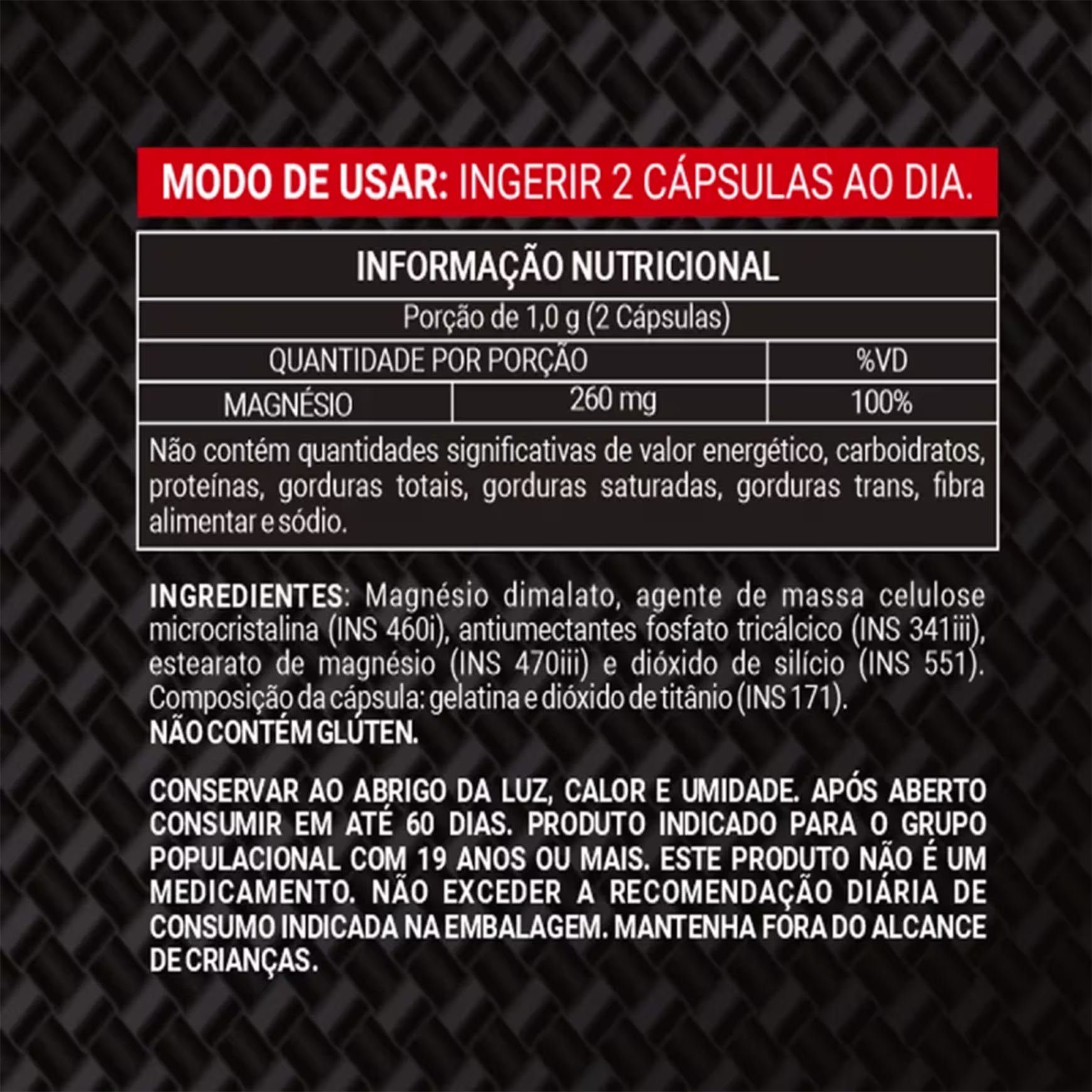 A imagem mostra a tabela nutricional do produto assim como recomendação de uso.