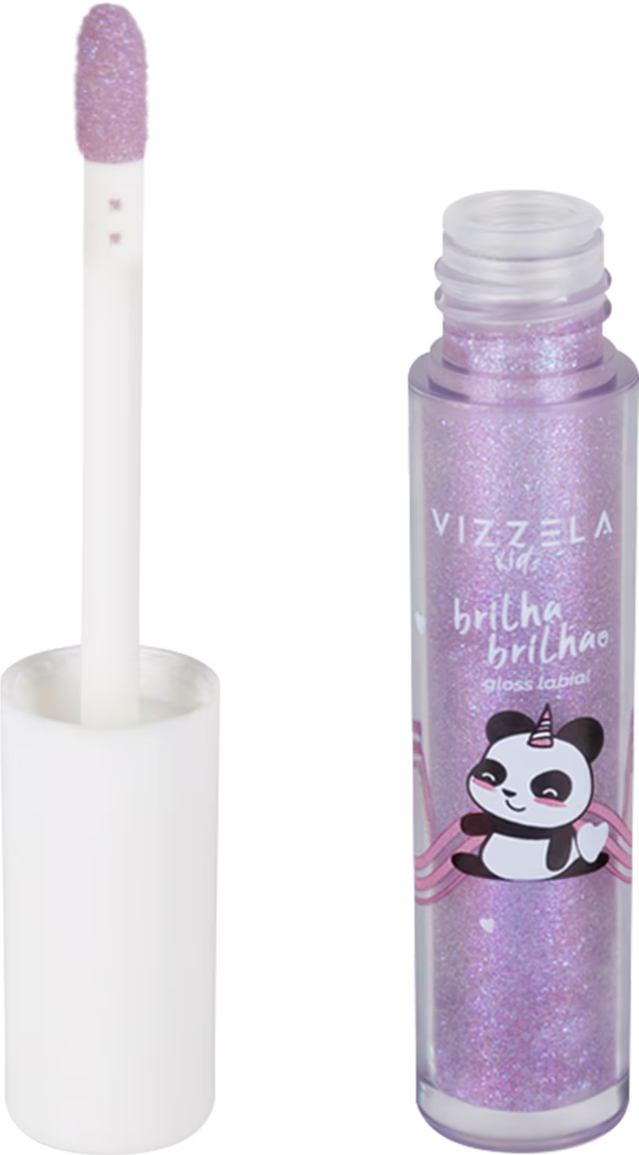 O produto é um brilho labial gloss da marca Vizzela. Consiste em um frasco cilíndrico de plástico transparente contendo um líquido brilhante de cor lilás com partículas cintilantes.