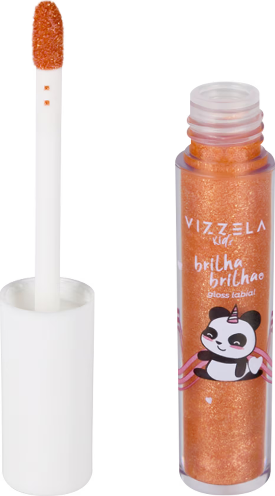 O produto é um brilho labial da marca Vizzela Kids. Consiste em um frasco plástico transparente com tampa branca, contendo um produto brilhante de cor laranja. O frasco tem um rótulo com o logotipo da marca.