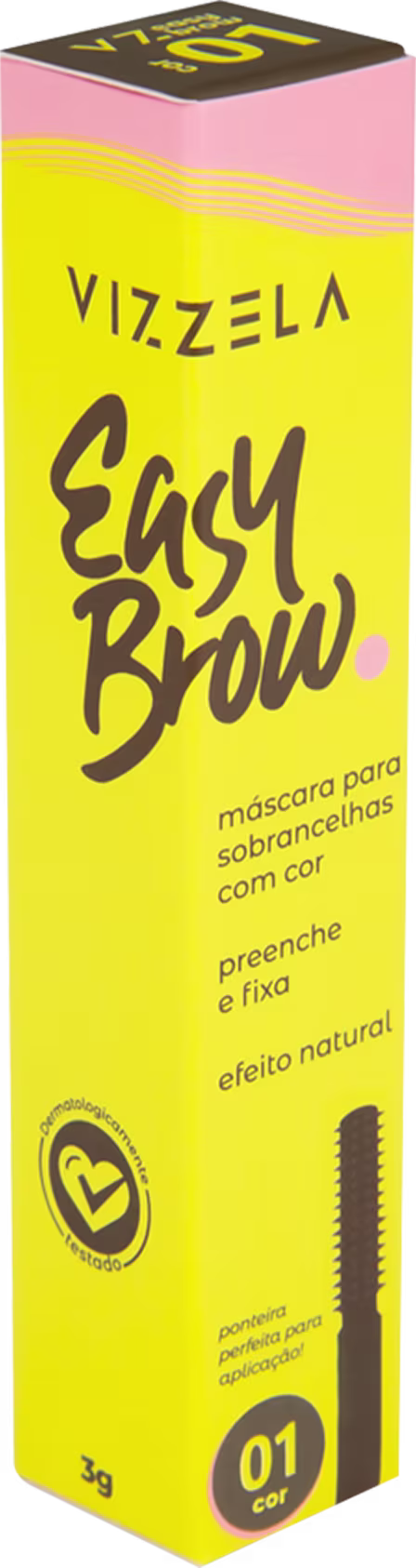 O produto é uma máscara para sobrancelhas da marca Vizzela. Consiste em um frasco cilíndrico amarelo com a inscrição "Easy Brow" e a descrição "máscara para sobrancelhas marrom" em português.