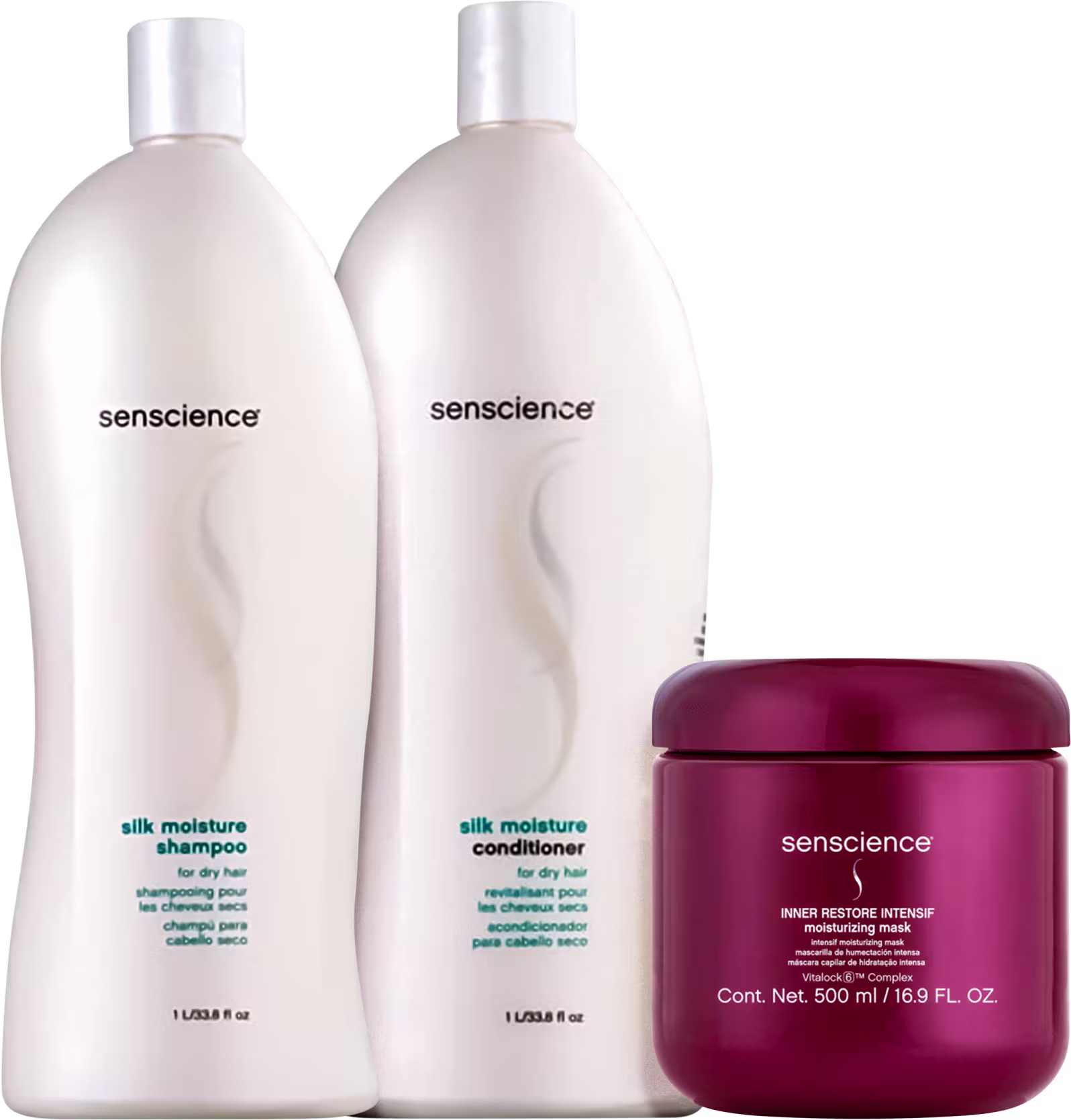 Shampoo e condicionador Senscience Silk Moisture, e um pote vermelho da máscara hidratante Inner Restore Intensif da Senscience. Todos os produtos apresentam o logotipo da marca Senscience.