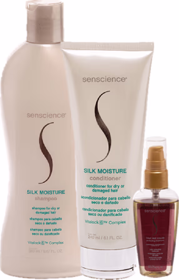 Três produtos da marca Senscience: um frasco de shampoo Silk Moisture, um tubo de condicionador Silk Moisture e um óleo True Hue Color