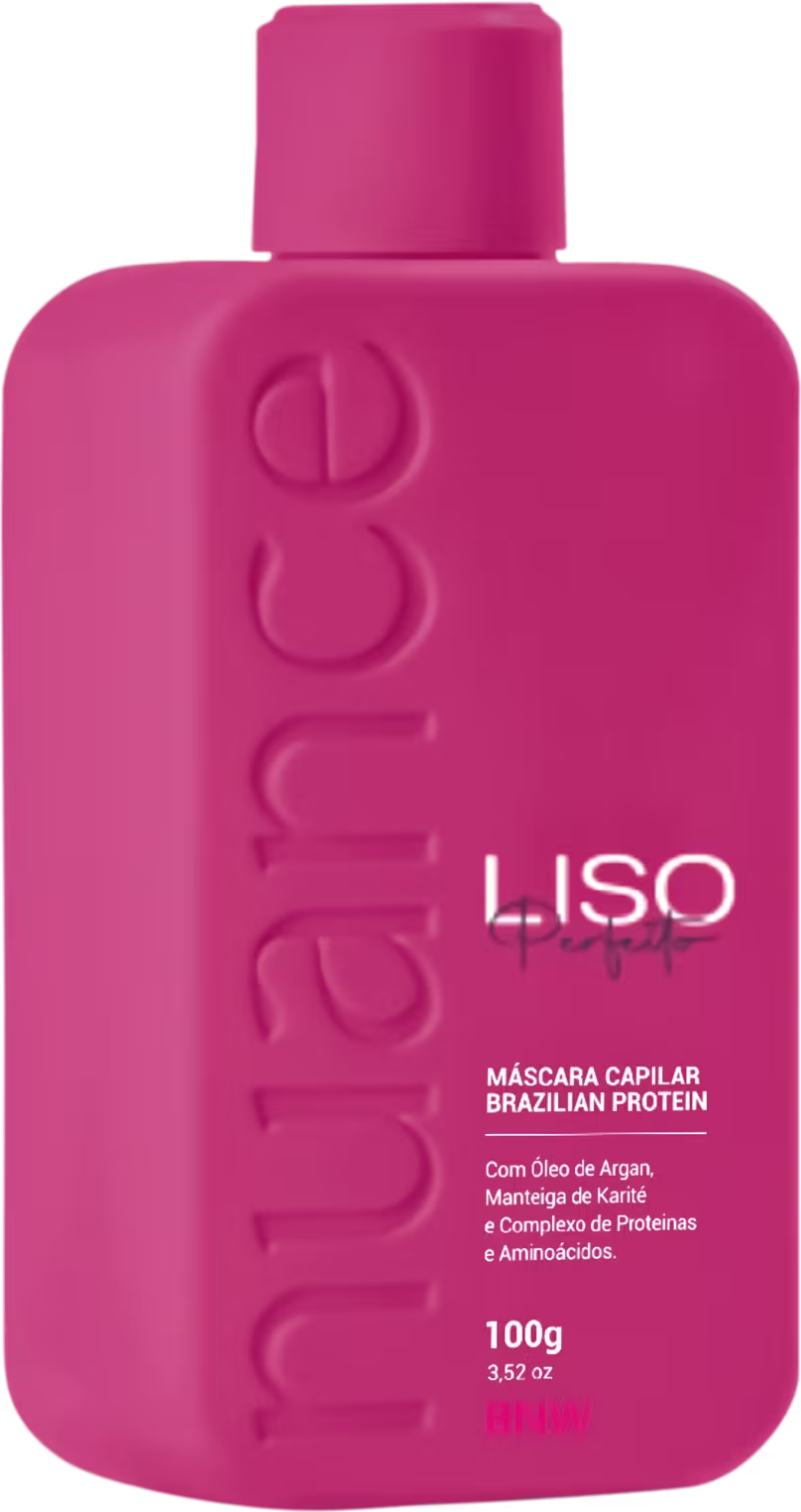 Escova progressiva orgânica Nuance Professional. O rótulo indica que o produto contém óleo de argan, manteiga de karité e um complexo de proteínas, sendo destinado ao tratamento capilar.