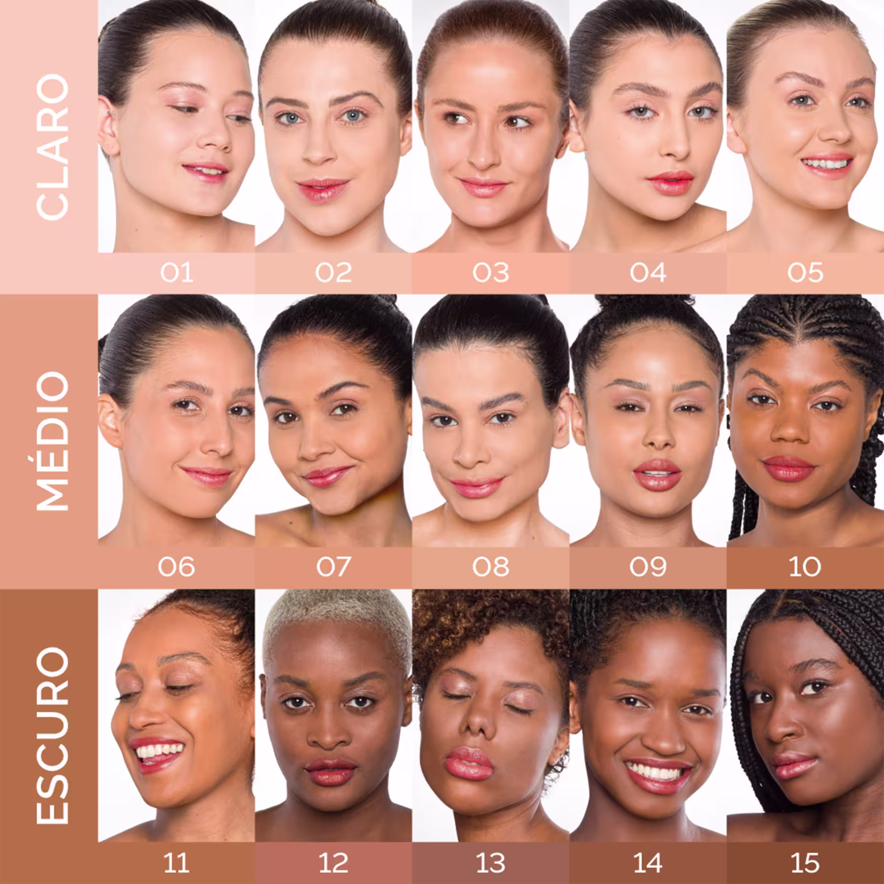 A imagem mostra o resultado de todo os 15 tons disponíveis da base Nina Makeup Basic