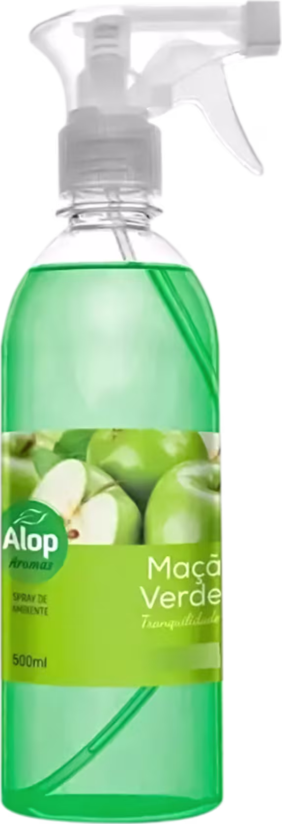 Spray aromatizador Alop Aromas. Rótulo com imagem de maçãs verdes e texto "Maçã Verde Tranquilidade" em letras brancas e verdes. Capacidade de 500ml indicada na embalagem. Bico borrifador branco na parte superior.