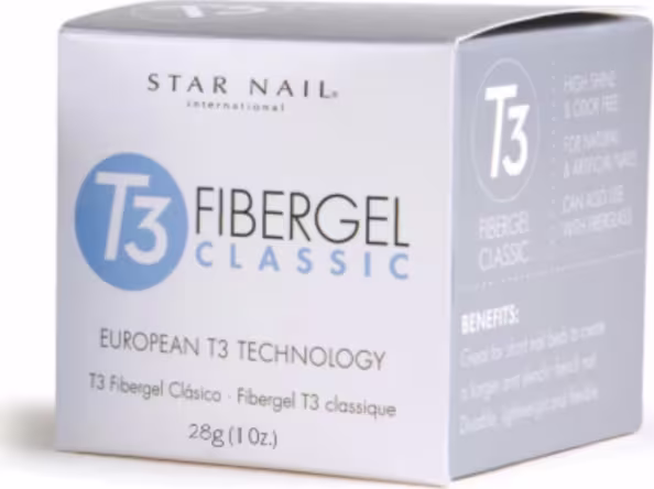 O produto em si é um gel de 28g, destinado a aplicações em unhas. A embalagem é uma caixa branca com detalhes em azul claro, contendo informações sobre o produto, como a tecnologia "European T3" e os benefícios.