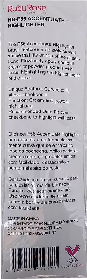 Verso da embalagem com informações gerais sobre o Pincel para Iluminador Accentuate Highlighter Ruby Rose HB-F56