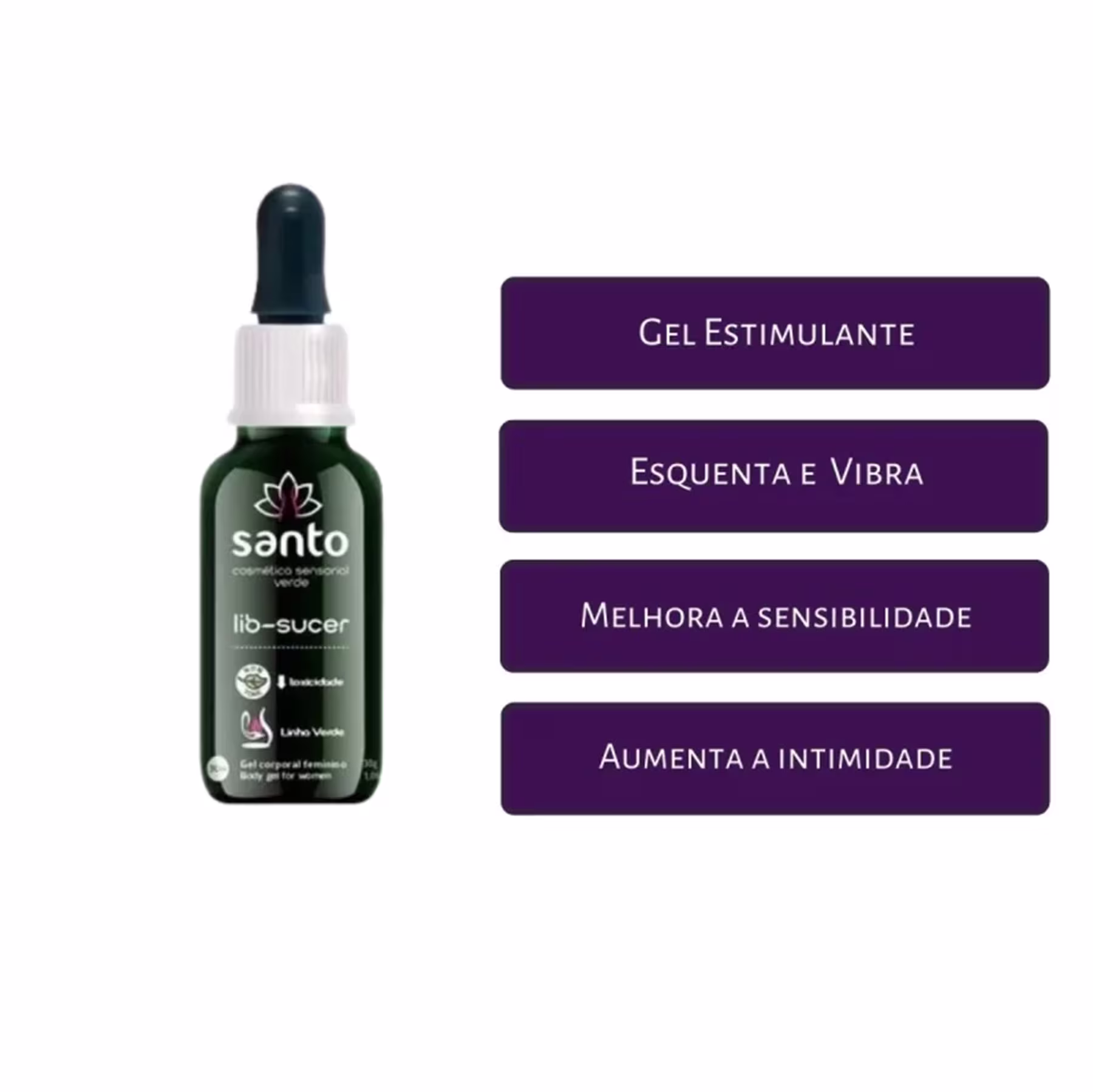 A imagem mostra o produto e ao lado destaca as principais características do gel em quatro linhas: "Gel Estimulante", "Esquenta e Vibra", "Melhora a Sensibilidade" e "Aumenta a Intimidade".