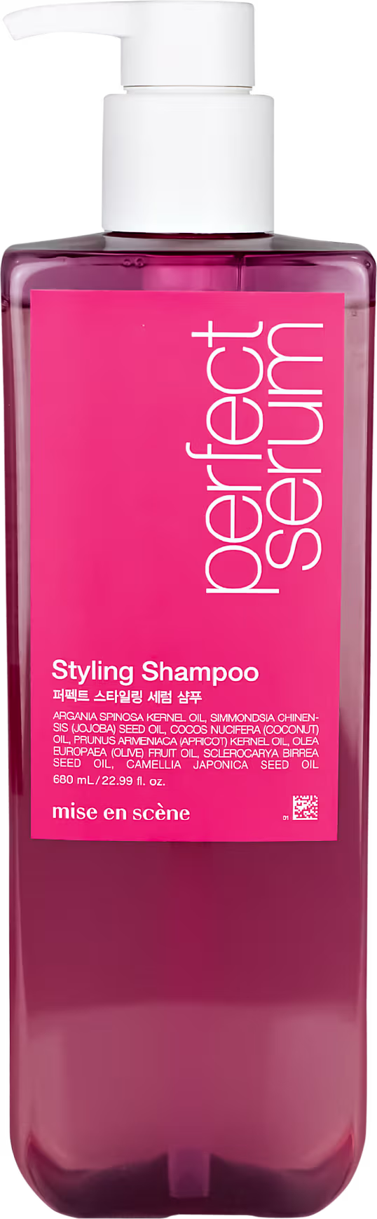 Frasco de shampoo de styling da marca Mise en Scène, com embalagem rosa vibrante e rótulo branco destacando o nome do produto. O recipiente possui um dispensador na parte superior.