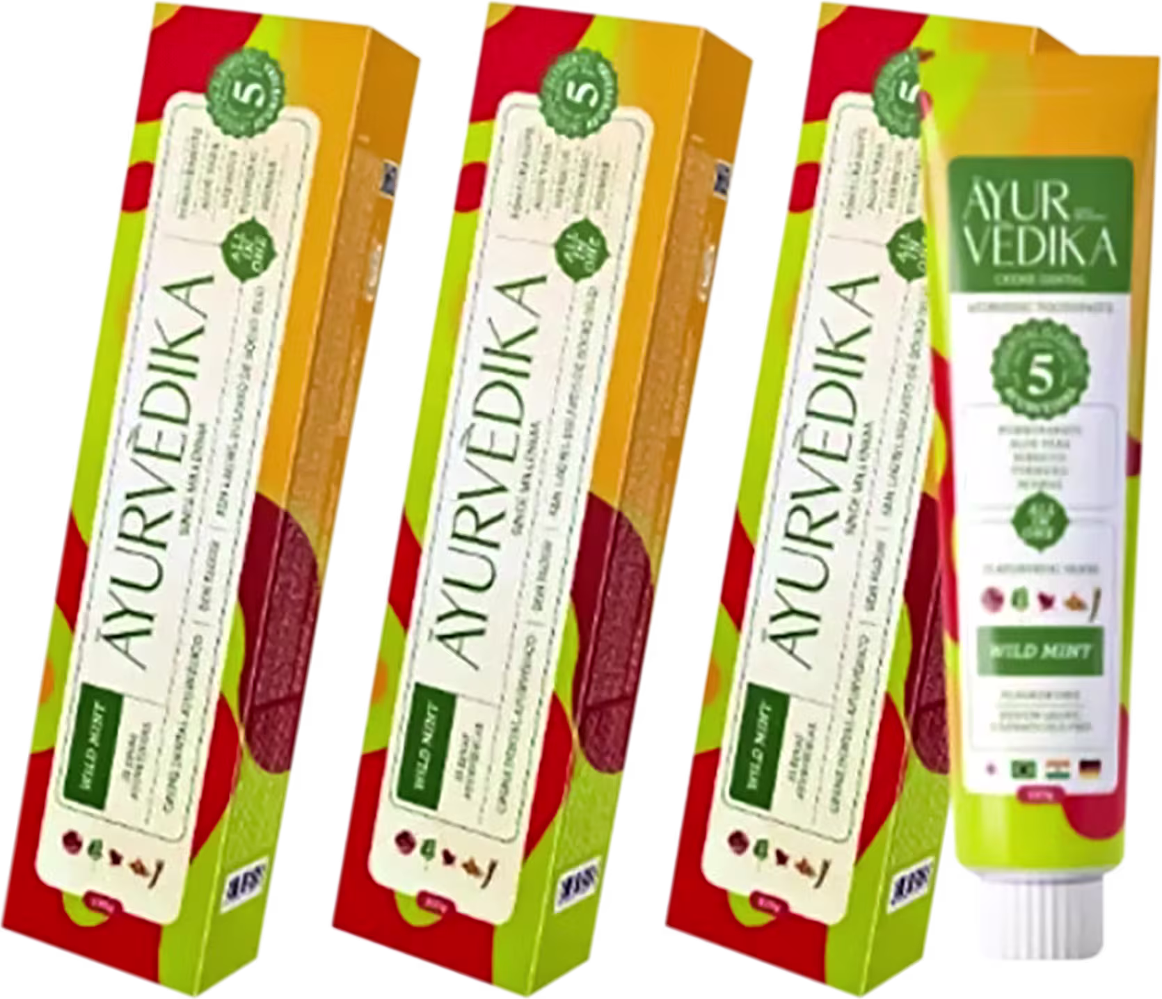 Três caixas de pasta de dentes da marca Ayurvedika, em cores vermelho, amarelo e verde. Cada caixa contém uma pasta de dentes com o nome "Ayurvedika" impresso em letras brancas.