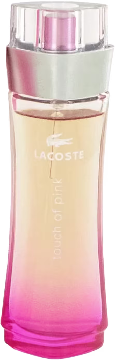 Perfume em frasco cilíndrico transparente com gradiente de cores rosa e laranja. O frasco possui uma tampa plástica transparente. Na parte frontal do frasco, está impresso o logotipo "Lacoste" em letras maiúsculas brancas.